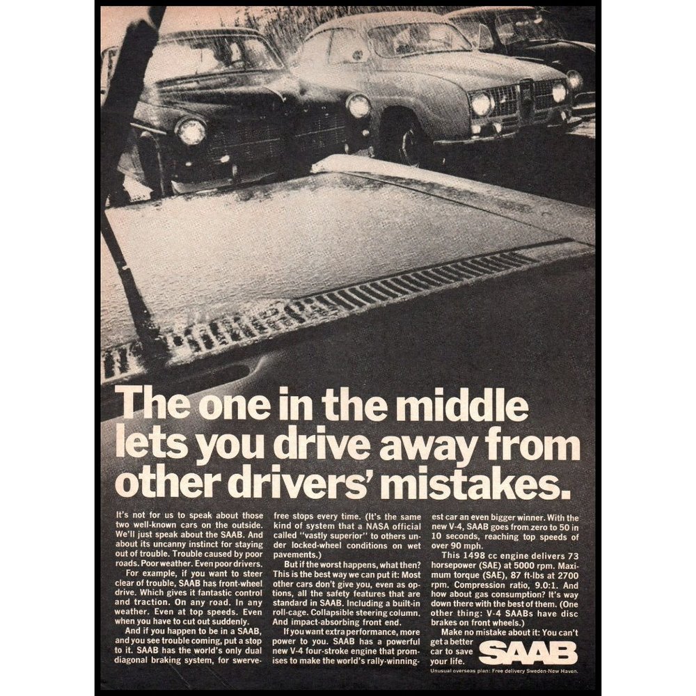 1967 Saab 96 Winter Snow Storm Vintage Print Ad V-4 Engine Sweden Wall Art Photo
